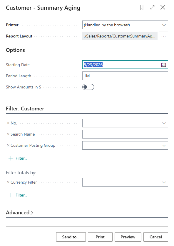 Customer - Summary Aging request page in Business Central, showing a Starting Date field that only sets aging buckets